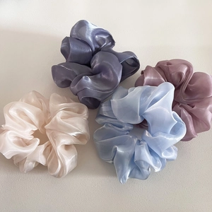 Detailed set of four elegant satin organza scrunchies in champagne, grey, blue and purple