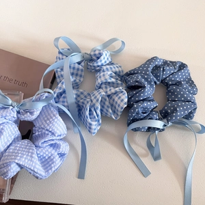 Korean Style Fabric Bow Scrunchie Blue Plaid Polka Dot Hair Ring With Long Ribbon Sweet Girly Ponytail Holder Hair Accessories