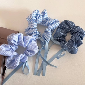 Blue plaid scrunchie with ribbons for ponytails in three Korean style patterns