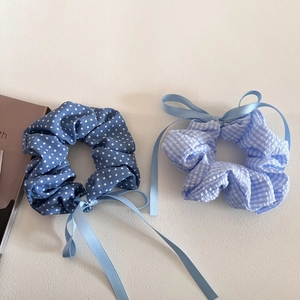 Blue plaid and polka dot scrunchie set with long ribbons for elegant ponytail styling