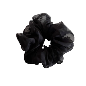 Large black mesh scrunchie for women with elegant oversized fluffy layered gauze design