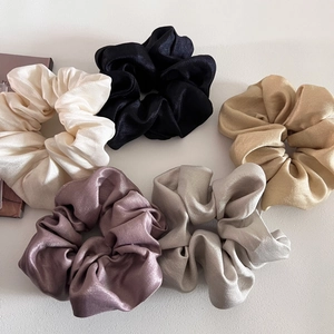Set of 5 premium oversized satin hair scrunchies in glossy neutral and pastel silk tones