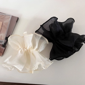 Oversized double layer organza scrunchies in cream and black with voluminous ruffles