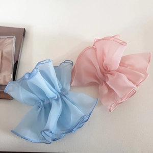 Elegant oversized double-layer organza scrunchies in light blue and soft pink colors