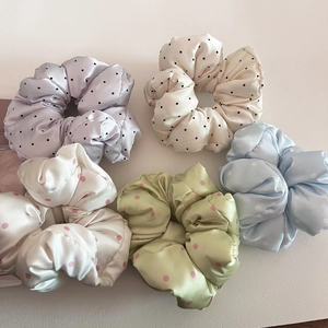 Five-piece set of satin polka dot scrunchies in assorted pastel colors for hair