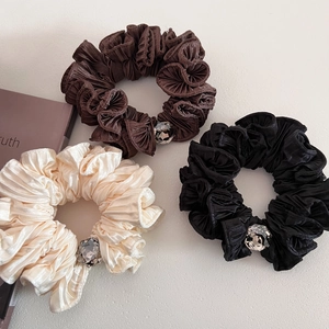 Pleated Wood Ear Edge Rhinestone Scrunchie For Women Satin Elastic Hair Tie Ponytail Holder Elegant Minimalist Hair Accessory