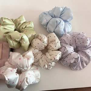 5-piece set of satin polka dot hair scrunchies in pastel macaron colors with silk luster