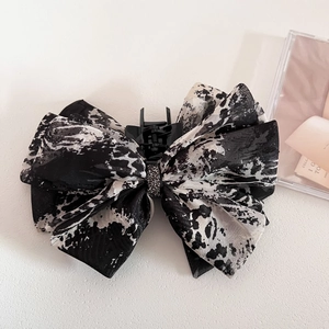 Elegant ink-print ribbon hair claw clip with rhinestones and black gauze fabric