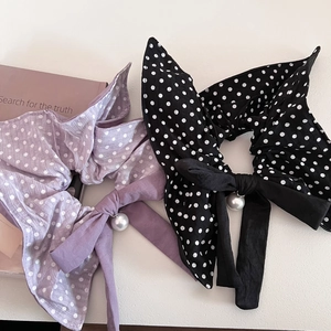 Vintage Polka Dot Bow Scrunchies With Faux Artificial Pearl Pendant Elegant Fabric Hair Ties Large Hair Bands For Women Daily Hair Accessories
