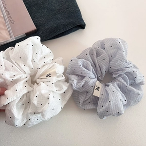 French Style Polka Dot Mesh Hair Scrunchie Large Pleated Bubble Plaid Elastic Hair Band With Bow Label For Women Hair Accessories