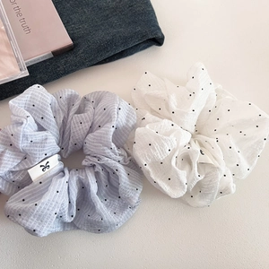 French style polka dot scrunchie in light blue and white textured bubble fabric