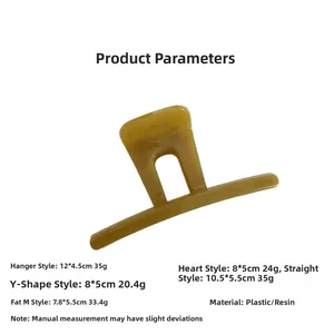 Size guide for various pink resin hair claw clips including measurements and weights