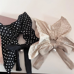 Vintage polka dot bow hair scrunchies with pearl pendants in black and beige