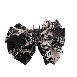 Elegant vintage ink-wash print multi-layer bow hair claw clip with crystal rhinestones