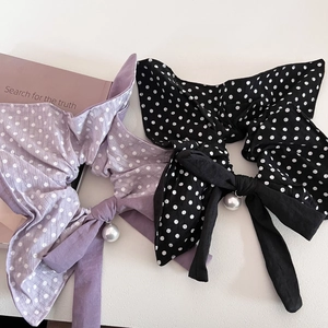 Polka dot bow scrunchies in purple and black with pearl charms for French retro styling