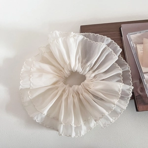 Elegant off-white layered organza scrunchie with delicate wavy ruffled edges for women