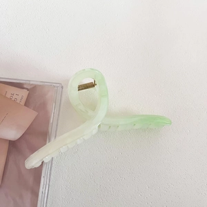 Detailed close-up of light green acetate hair claw clip with golden metal spring