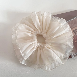 Elegant cream double-layer mesh oversized scrunchie with delicate ruffled edges for women
