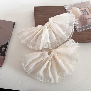 Elegant double-layered cream white lace scrunchies with soft pleated ruffles for women