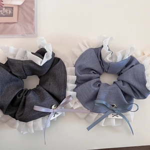 Korean Style Pleated Ruffled Bow Scrunchie For Women Sweet Denim Texture Fabric Handmade High Elasticity Hair Tie Hair Accessories