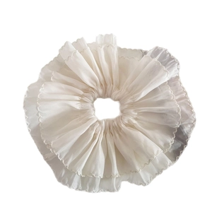 Elegant off-white double-layer mesh scrunchie with layered ruffle edges for women