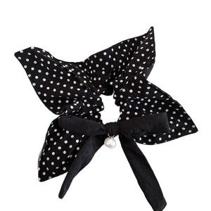 Vintage black and white polka dot hair scrunchie with silk bow and pearl charm