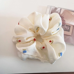 Beige Floral Embroidered Large Scrunchies Elegant Korean Style Fabric Hair Ties Bow Design Floral Hair Accessories For Women