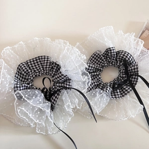 Chouchou Gingham Vintage Français Surdimensionné Avec Bordure En Dentelle À Pois Nœud Ruban Grand Élastique En Tissu Femme Fille