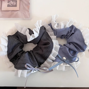 Denim pleated scrunchies set with ruffles and ribbons for elegant hairstyling