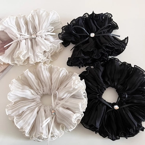 Double-layered pleated scrunchies with rhinestone bows in black and beige colors