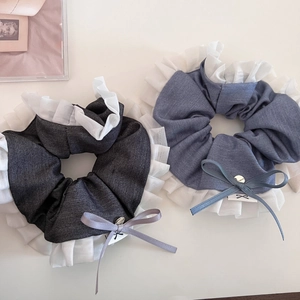 Stylish ruffled bow scrunchies in denim black and grey blue colors with metallic charms