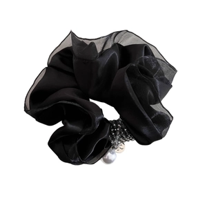 Elegante elastico per capelli in raso nero e rete con perline di cristallo e ciondolo a perla
