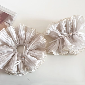 Double-layered pleated chiffon hair scrunchies with rhinestones and ribbon bows