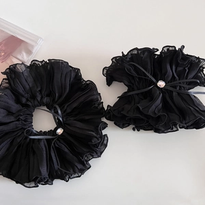Double-layered pleated hair scrunchie with rhinestone bow in elegant black chiffon