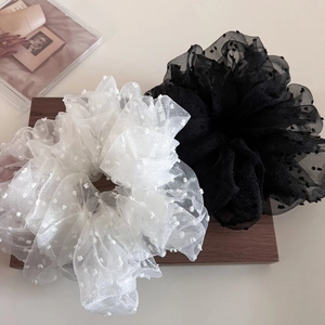 Oversized fluffy mesh polka dot scrunchies in black and white colors for women
