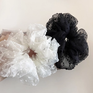 Oversized polka dot mesh scrunchies set in black and white colors with fluffy organza fabric