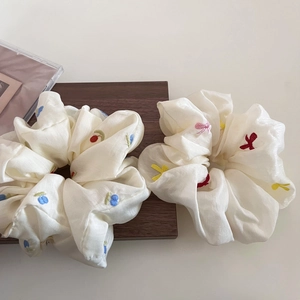 Elegant set of two white chiffon scrunchies with colorful floral and cherry embroidery