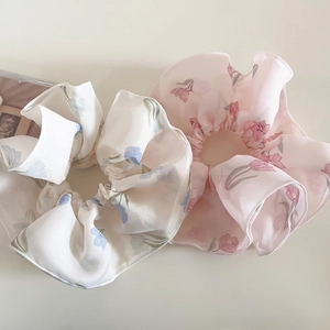 Scrunchies Grandi da Donna con Stampa Floreale di Tulipani Elastici per Capelli in Garza Stile Francese Accessori per Capelli