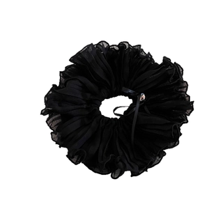 French style double-layered pleated scrunchie with rhinestones and black ribbon bow