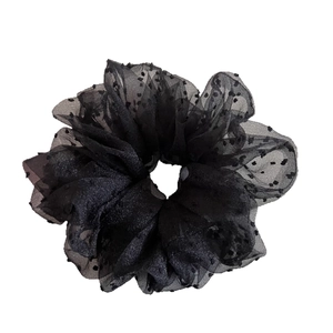 Oversized black polka dot mesh scrunchie with a fluffy French style design for women