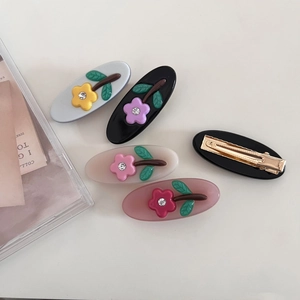 Sweet Acetate Flower Oval Hair Clip Rhinestone Duckbill Clip Vintage Floral Side Clip Bangs Clip For Women Hair Jewelry