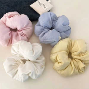 Korean Style Large Padded Fabric Scrunchie Sweet Pleated Hair Ring With Decorative Button Gold Bow Hair Tie For Women Girls