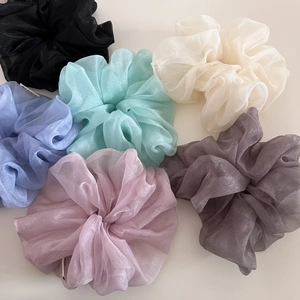 Chouchous Géants en Organza Style Français Nacré Transparent Plissé Élastiques à Cheveux Porte-queue de Cheval pour Femmes