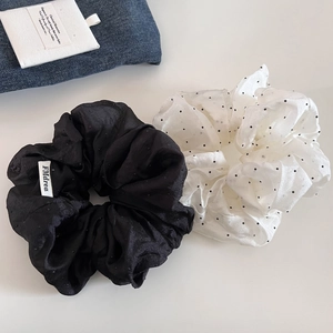 Chic black textured and white polka dot mesh large hair scrunchies set for ponytail