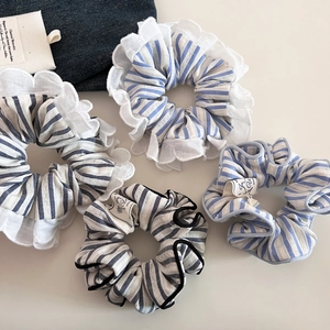 Blue and white striped lace scrunchie set for women hair ties in minimalist cotton fabric