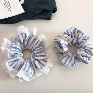 Korean Style Fresh Striped Fabric Scrunchie For Women Sweet Lace Edge Large Hair Tie Ponytail Holder Hair Ring Accessories