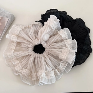 Large Pleated Lace Scrunchies French Vintage Chiffon Fabric Elastic Hair Ties For Women Elegant Daily Hair Accessories
