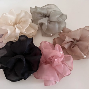 Elegant Double-Layer Mesh Organza Artificial Pearl Scrunchies Large Hair Tie For Women Sweet Ruffled Hair Accessories Korean Style