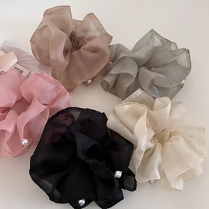 5-piece set of elegant organza hair scrunchies with pearls in coffee pink and green