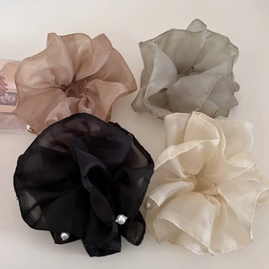 Elegant double-layered mesh scrunchies with white pearls in four versatile soft colors